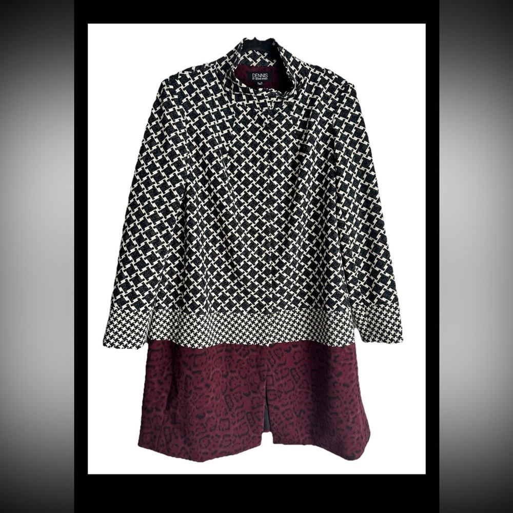 DENNIS BASSO Art-To-Wear Mixed Print Black White Maroon mid-length Jacket Sz 16